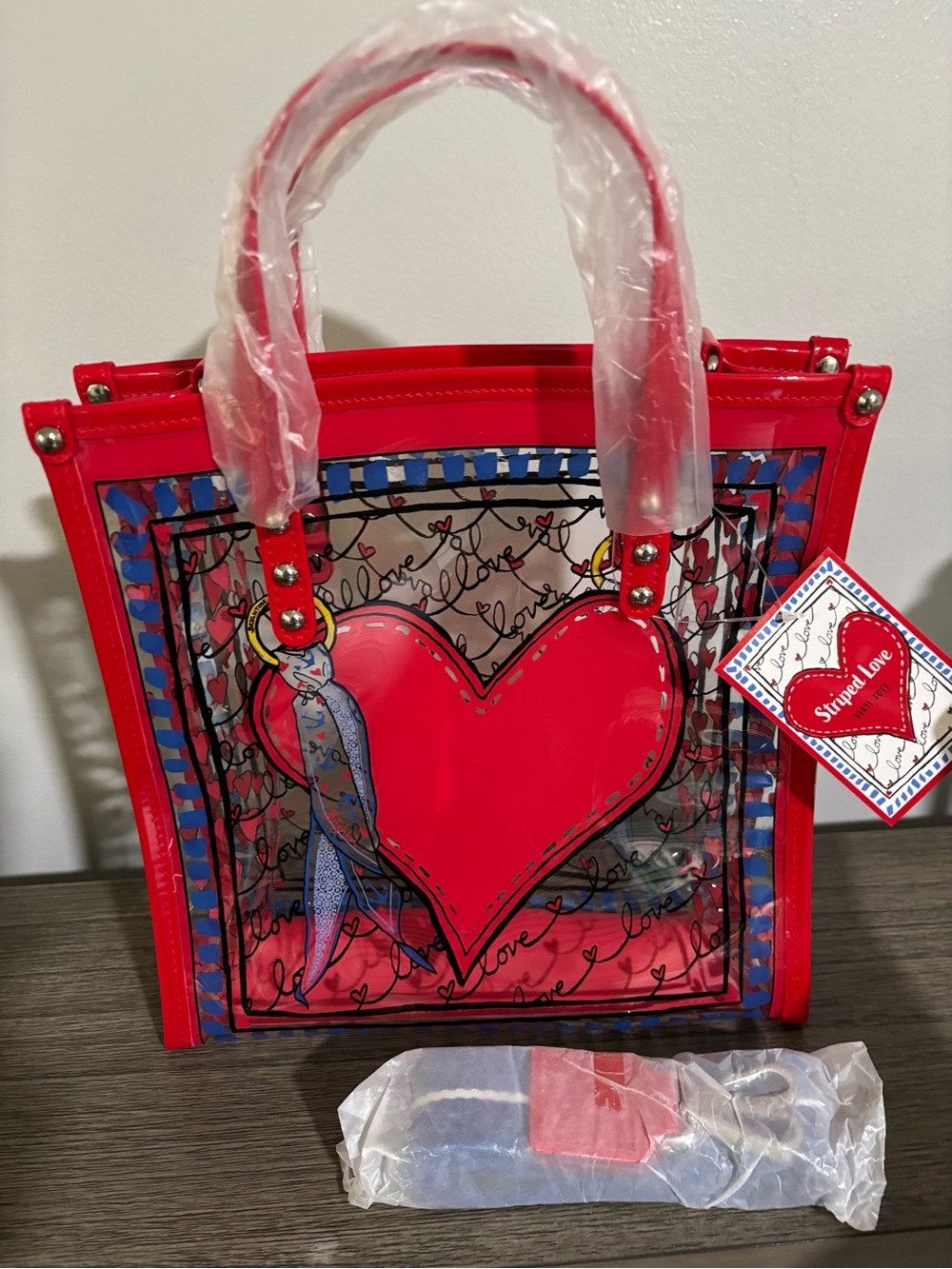 Red Heart-Print Clear Tote Bag New